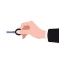 Hand holding modern key to unlock door car, home, rent, buy. Cartoon stye flat vector icon for apps and websites