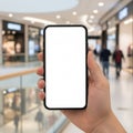 hand holding a modern mobile phone with a blank, ready-to-edit screen. The background is a blurred, upscale Royalty Free Stock Photo