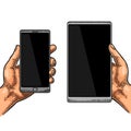 Hand holding a modern mobile phone. Vintage drawn vector engraving Royalty Free Stock Photo