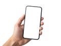 Hand holding a modern smartphone against a white background Royalty Free Stock Photo