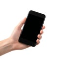 A hand holding a modern smartphone with a black screen against a white background Royalty Free Stock Photo
