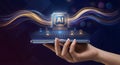 Hand holding a modern smartphone with a glowing artificial intelligence chip and digital data flow. Royalty Free Stock Photo
