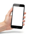 Hand holding modern smartphone with white screen Royalty Free Stock Photo