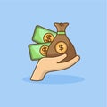 Hand holding money bag icon in flat style. Success, target goal, money in hand cartoon vector illustration Royalty Free Stock Photo