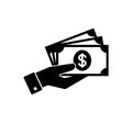 Hand holding money. Hand with banknotes. Cash payment icon.