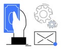 Hand with Money, Gears, and Email Envelope Representing Finance, Workflow, and Communication Concepts Royalty Free Stock Photo