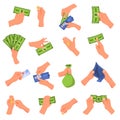 Hand holding money vector illustration set, cartoon flat human hands collection with cash money Royalty Free Stock Photo