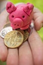 Hand holding moneybox - pink piggy as symbol of savings