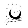 Hand holding moon, flat vintage boho icon, tattoo. Mystical symbol for tarot, astrology, witchcraft. Flat vector