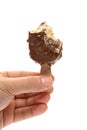 hand holding mostly eaten chocolate and coffee flavor popsicle on white background