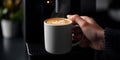 Hand holding a mug of coffee, making coffee at home using modern coffee machine in home interior. A coffee machine Royalty Free Stock Photo