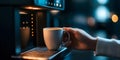 Hand holding a mug of coffee, making coffee at home using modern coffee machine in home interior. A coffee machine Royalty Free Stock Photo