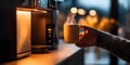 Hand holding a mug of coffee, making coffee at home using modern coffee machine in home interior. A coffee machine Royalty Free Stock Photo