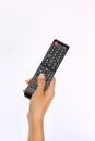 Hand holding Multimedia remote control on white background