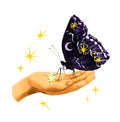 Hand holding mystical night butterfly with moon and stars. Celestial sacred illustration with space moth. Watercolor