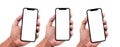 Hand holding, New version of black slim smartphone similar to iphone x with blank white screen from Apple generation 10 Royalty Free Stock Photo