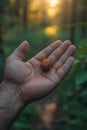 Hand holding nutmeg in forest with sunlit background Royalty Free Stock Photo