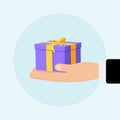 Hand holding or offering gift or present. Illustration in flat style. Can be used for banners, websites, advertising Royalty Free Stock Photo