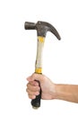 Hand holding old hammer, isolated on white background Royalty Free Stock Photo