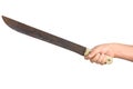 Hand holding an old, rusty machete, a tool used to cut bushes Royalty Free Stock Photo