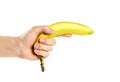 Hand holding one banana. Close up. Isolated on white background Royalty Free Stock Photo