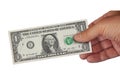 Hand holding one dollar bill  on white Royalty Free Stock Photo