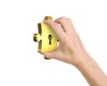 Hand holding one golden puzzle piece with keyhole Royalty Free Stock Photo