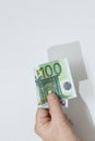 Hand holding a one hundred euro banknote. Copy space Royalty Free Stock Photo