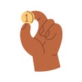 Hand holding one penny coin, squeezed between fingers. Gold money, cash in arm icon. Dollar cent, change. Finance