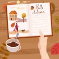 Hand holding an open Autumn Daily Diary notepad, list schedule, goals, to do, acorn, autumn leaves, coffe cup. Personal Royalty Free Stock Photo