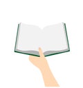 Hand holding open blank book for read. Hand book reading vector illustration Royalty Free Stock Photo