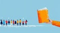 Hand holding open book, people line up to read, knowledge sharing concept Royalty Free Stock Photo