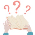 Hand holding open book with question mark. Questions and Answers