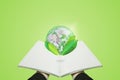 Hand holding opened book with globe with leaves, on green background. Element of this image are furnished by NASA Royalty Free Stock Photo