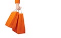 Hand holding orange shopping bags isolated on white background with copy space 3D render Royalty Free Stock Photo