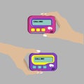 Hand holding pager. Nostalgia, old school music, retro technology design, vintage music shop concept. vector illustration Royalty Free Stock Photo