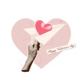 Hand holding Paper airplane carrying a pink heart. Concept of notification or love letter in dotted halftone collage