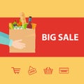 Hand holding paper bag with healthy foods. Big sale. Flat vector