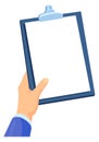 Hand holding paper document on clipboard. White sheet Royalty Free Stock Photo