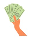 Hand holding paper money vector business icon.