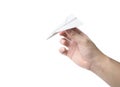 Hand holding a paper plane isolated on white background Royalty Free Stock Photo