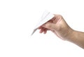 Hand holding a paper plane isolated on white background Royalty Free Stock Photo