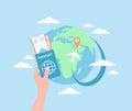 A hand holding a passport and airline tickets, an earth globe with an airplane flying to a location point and clouds Royalty Free Stock Photo