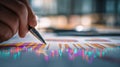 Hand holding pen analyzing colorful financial graphs and data charts on paper in modern office setting with blurred background and Royalty Free Stock Photo