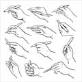 Hand holding pen black and white illustrations set