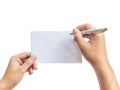 Hand holding pen and envelope isolated Royalty Free Stock Photo