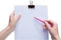 Hand holding pen and paper white background clipping path Royalty Free Stock Photo