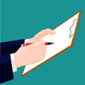 Hand holding pen, pencil with clipboard-Vector Illustration Royalty Free Stock Photo