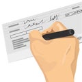 Hand holding a pen signing a blank check Royalty Free Stock Photo