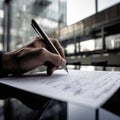 Hand holding a pen and signing a document. AI-generated.